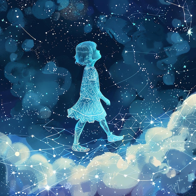 Photo a girl with a blue dress walking across a cloud filled night