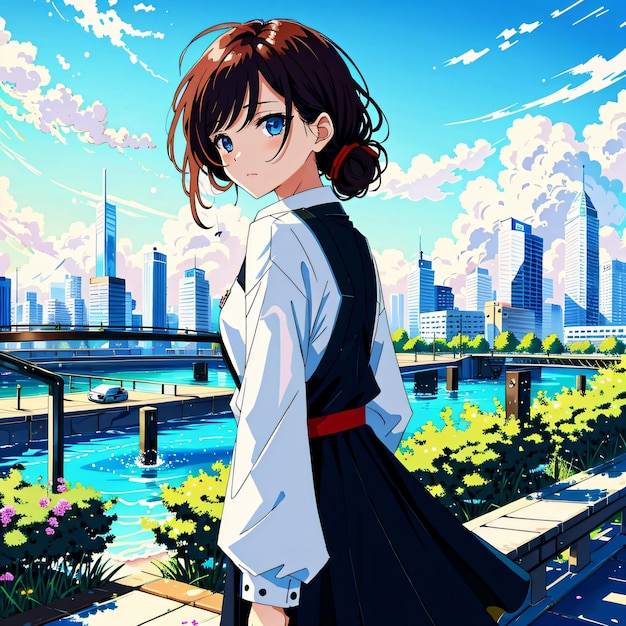 A girl with a blue dress and a white shirt is standing in front of a cityscape.