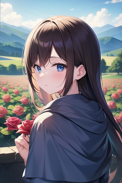 A girl with blue eyes and a black hoodie holds a flower in her hand.