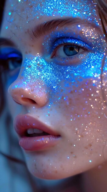 a girl with blue eyes and a blue glitter on her face