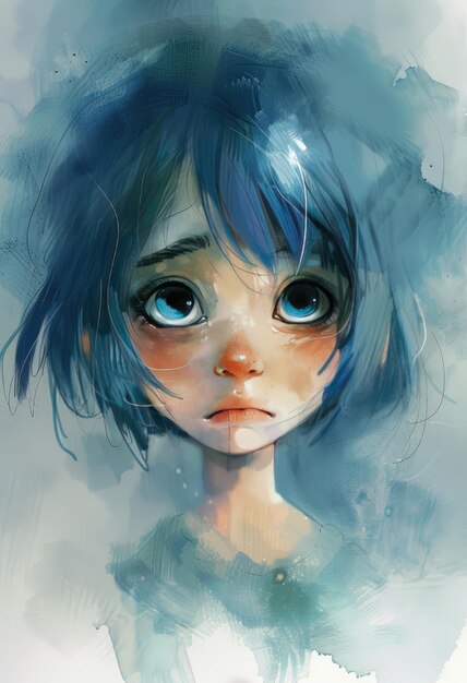 a girl with blue eyes and a blue hair has a sad face