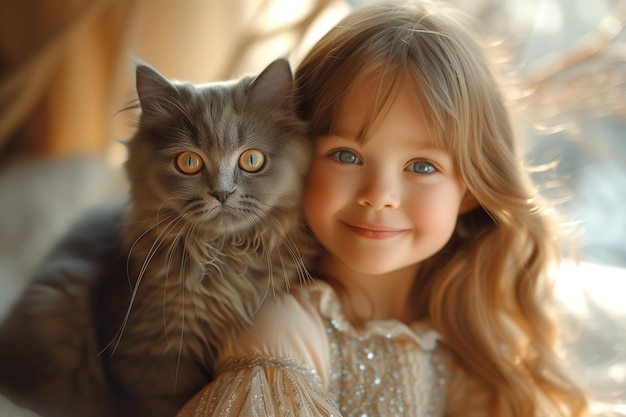 Girl with Blue Eyes and British Shorthair Gray Cat Pose in Beautiful Harmony