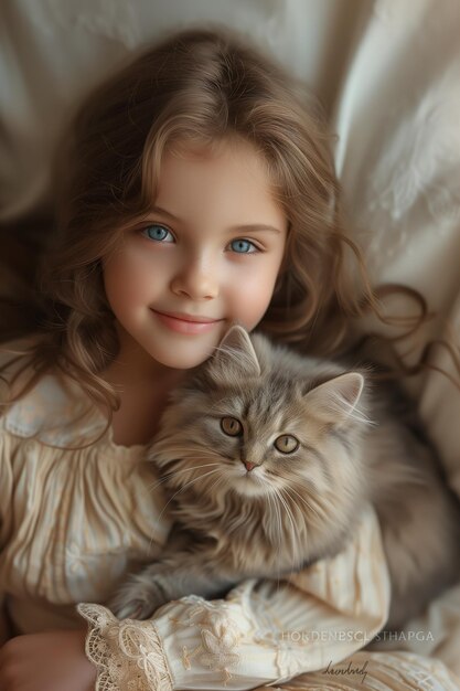 Girl with Blue Eyes and British Shorthair Gray Cat Pose in Beautiful Harmony