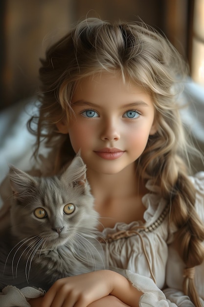 Girl with Blue Eyes and British Shorthair Gray Cat Pose in Beautiful Harmony