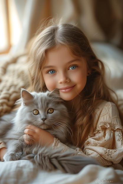 Girl with Blue Eyes and British Shorthair Gray Cat Pose in Beautiful Harmony