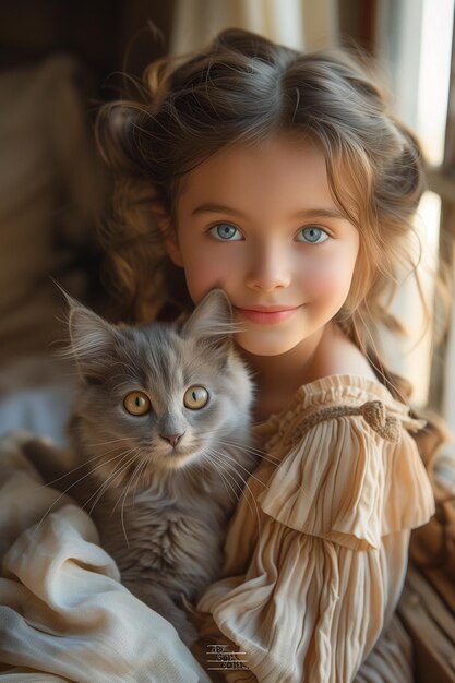 Girl with Blue Eyes and British Shorthair Gray Cat Pose in Beautiful Harmony