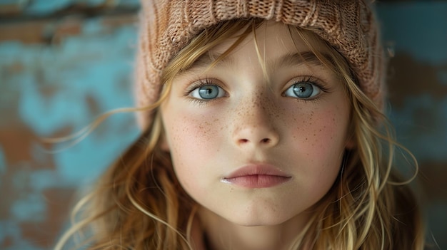 a girl with blue eyes and a brown hat with a brown band on her head