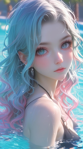 girl with blue eyes and colorful hair in the swimming pool