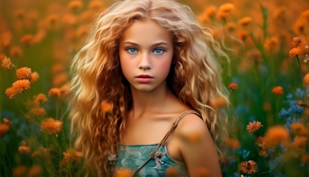 A girl with blue eyes in a field of flowers