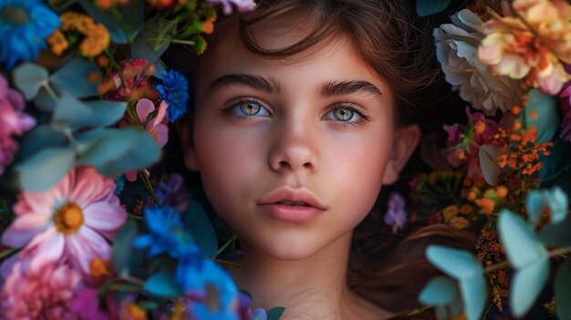 A girl with blue eyes and a flower in her hair