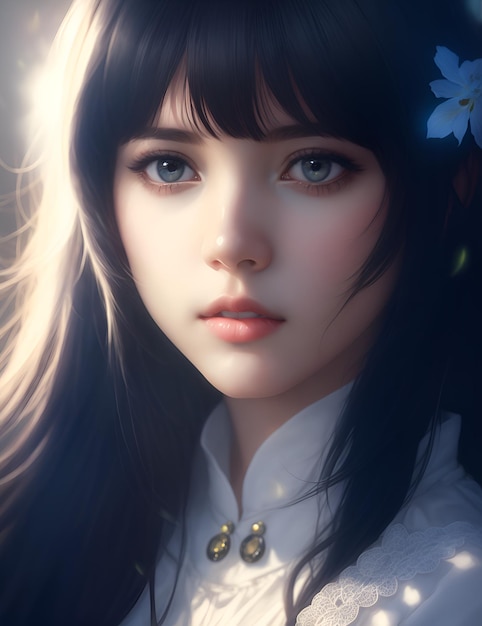 A girl with blue eyes and a flower on her head