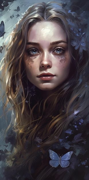 A girl with blue eyes and a flower on her head