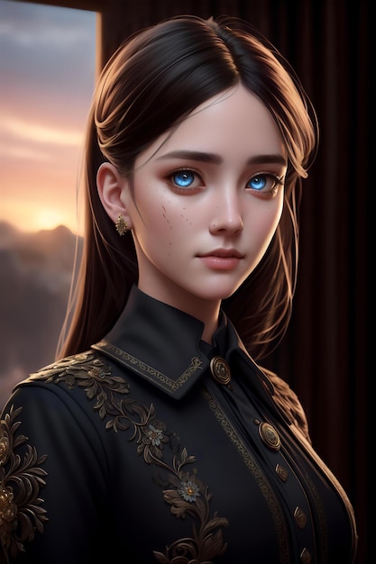 A girl with blue eyes and a gold and black jacket is shown in a portrait