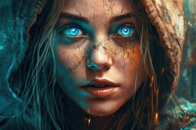 A girl with blue eyes and a hood