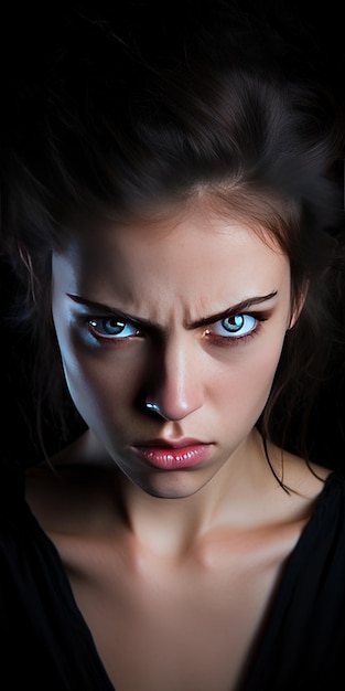 a girl with a blue eyes looks into the camera with a black background.