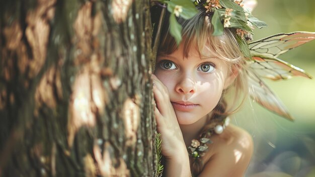 a girl with blue eyes looks through a tree branch