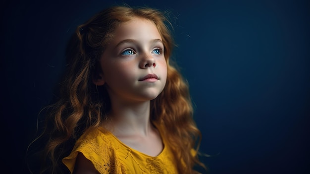 A girl with blue eyes looks up into the sky.