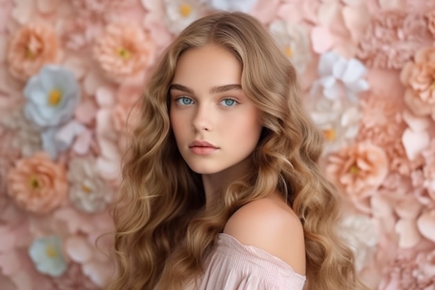 A girl with blue eyes and a pink background with flowers