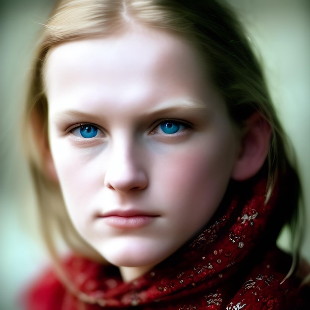 A girl with blue eyes and a red scarf