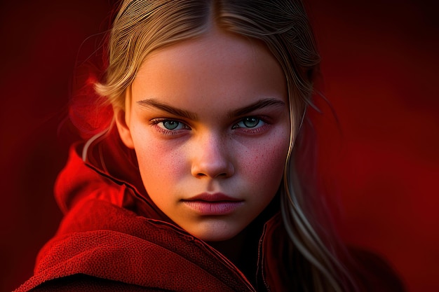 A girl with blue eyes and red skin looks into the camera.