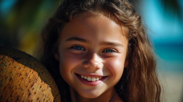 A girl with blue eyes smiles at the camera.