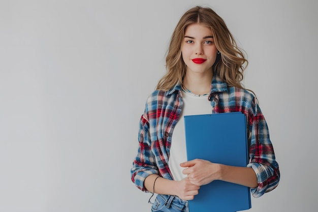 Photo a girl with a blue folder that says she is wearing a plaid shirt