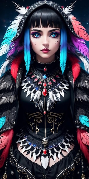 A girl with blue hair and a black jacket with a blue headdress