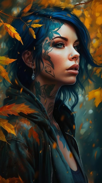 A girl with a blue hair and a black jacket with yellow leaves on it