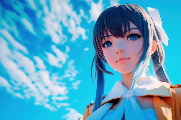 A girl with blue hair and blue eyes stands in front of a blue sky.