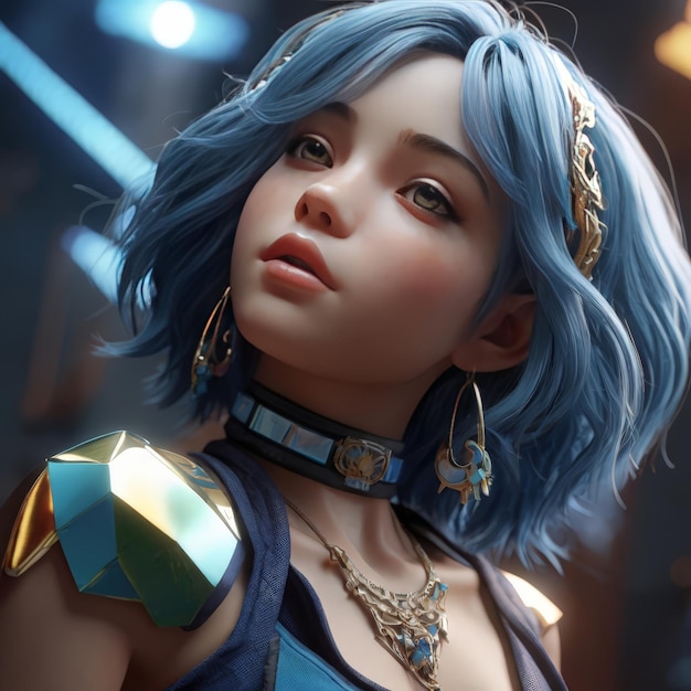 a girl with blue hair and a blue hair with a gold necklace