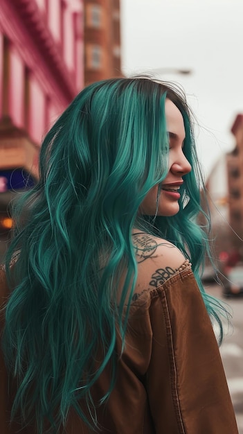 Photo a girl with blue hair and a brown jacket with a green and blue hair