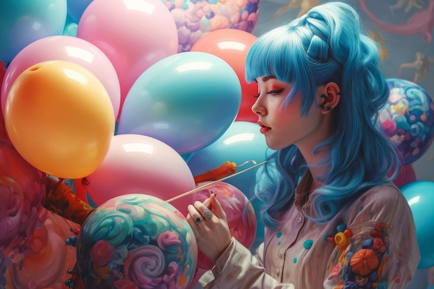 A girl with blue hair is writing on a bunch of balloons.