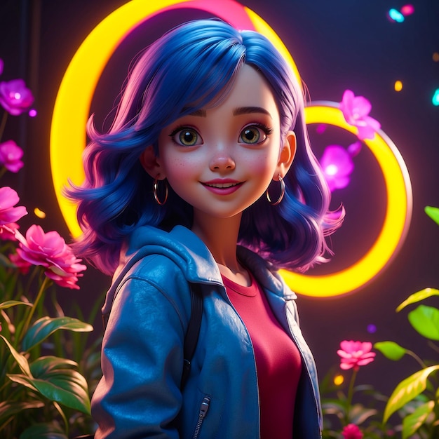 Girl with blue hair and jacket with neon rings generated by AI