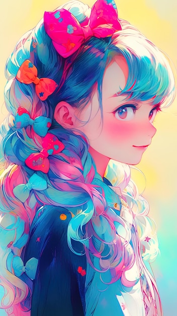 Photo a girl with blue hair and a pink flower in her hair