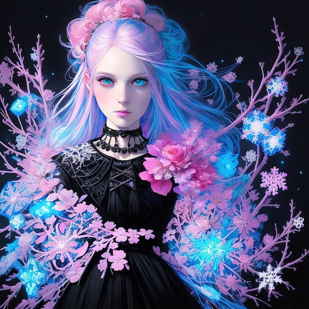 A girl with blue hair and pink flowers