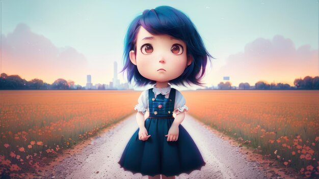 A girl with blue hair stands on a road in front of a cityscape.