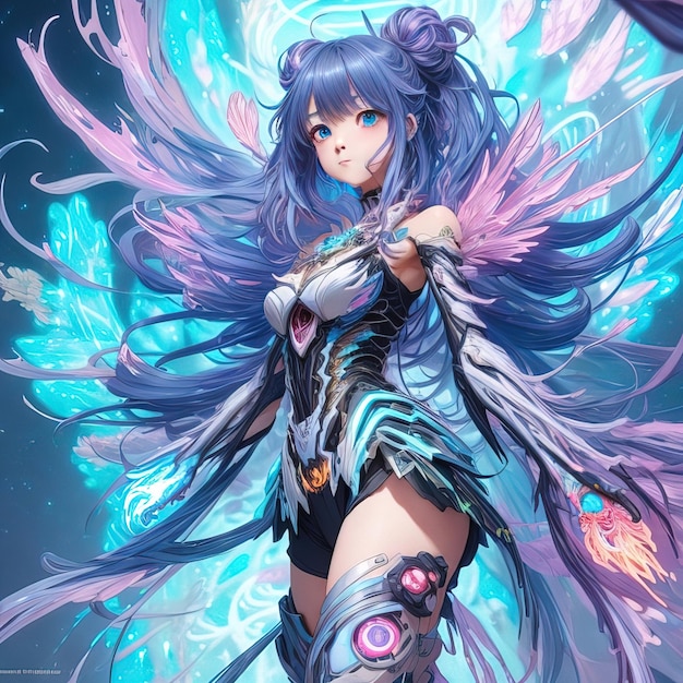 A girl with blue hair and wings with a blue and purple wings.