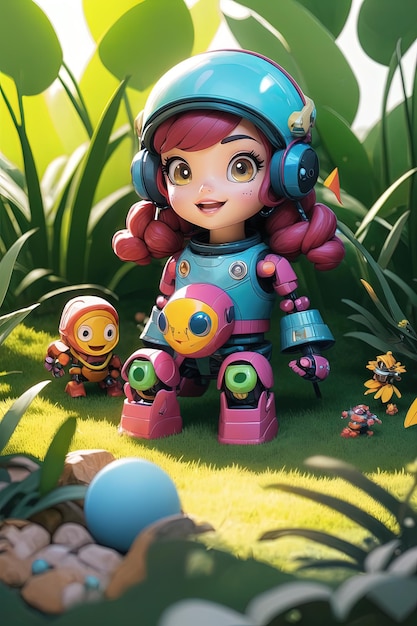 a girl with a blue hat is sitting in the grass with her toys.