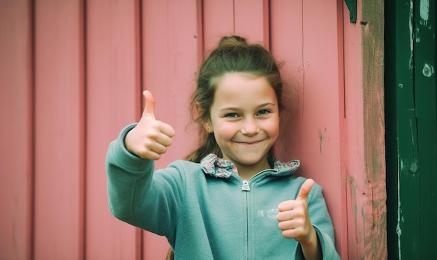 A girl with a blue hoodie smiles in front of a red wall with the words " i love you ".