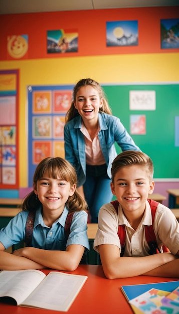 a girl with a blue jacket and a girl in front of a school board with the word on it