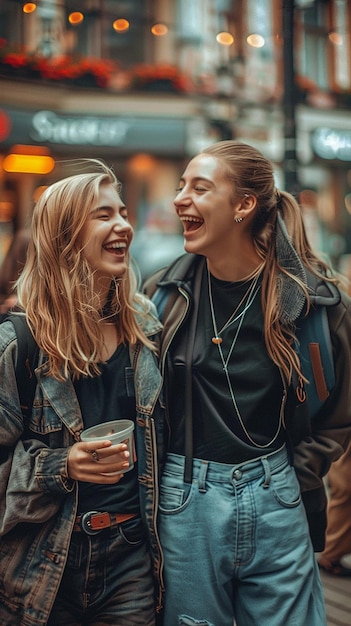 Photo a girl with a blue jacket and a girl laughing and laughing