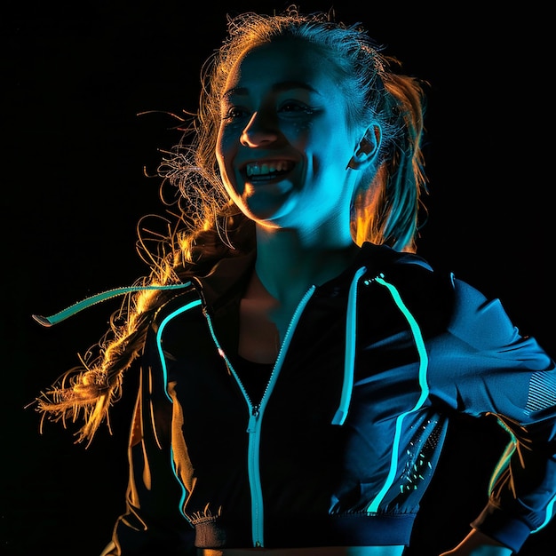 a girl with a blue light on her jacket is smiling