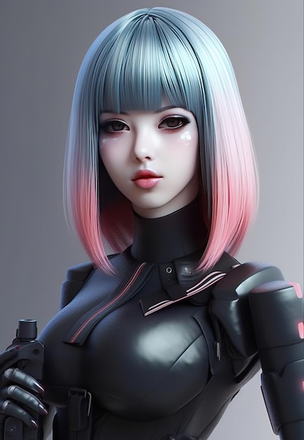 A girl with blue and pink hair and a black suit with pink and blue hair.