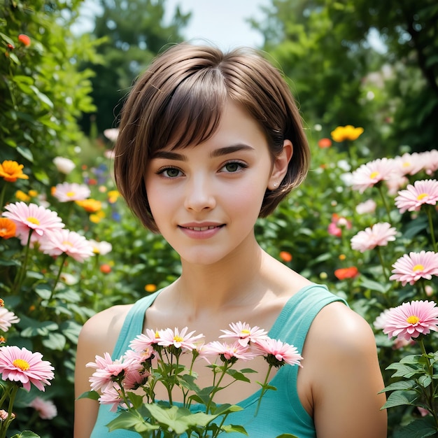 a girl with a blue shirt and a bunch of flowers in the background Girl with Short Hair