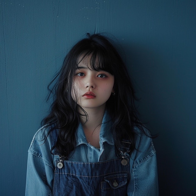 a girl with a blue shirt and a denim jacket