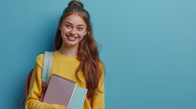 a girl with a book in her hand and a blue background