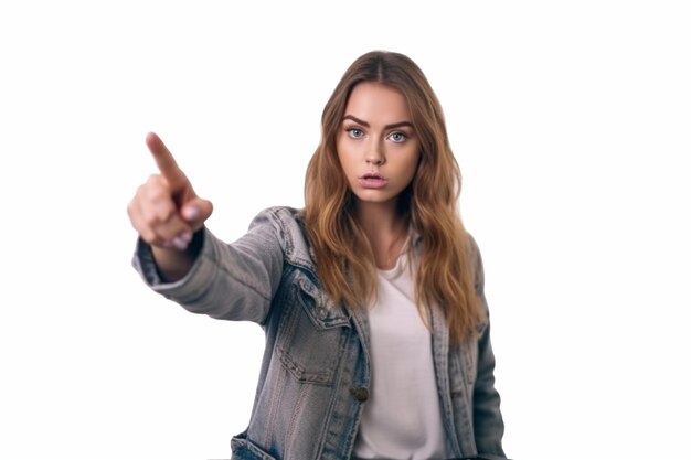 girl with book in her hand pointing upwhite background