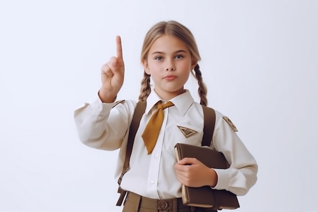 girl with book in her hand pointing upwhite background