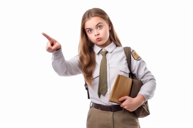 girl with book in her hand pointing upwhite background