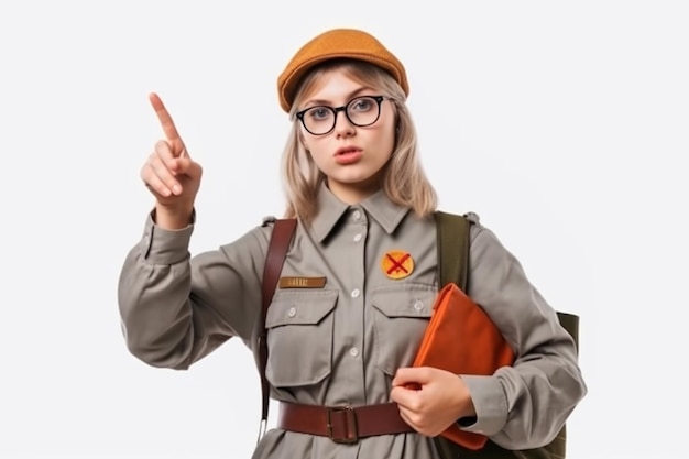 girl with book in her hand pointing upwhite background